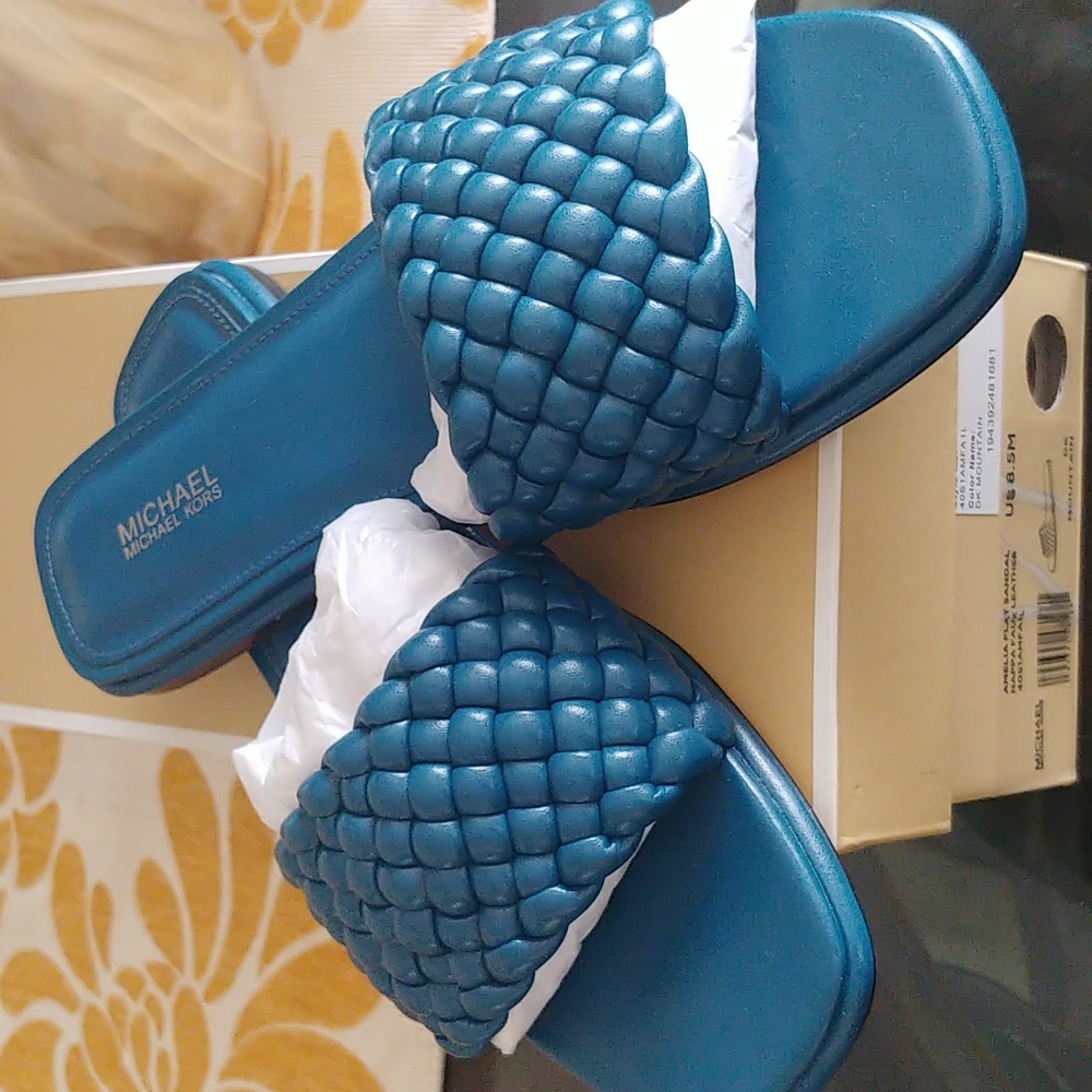 Never Worn Nappa Faux Leather Flat Sandal/Slide (Blue)